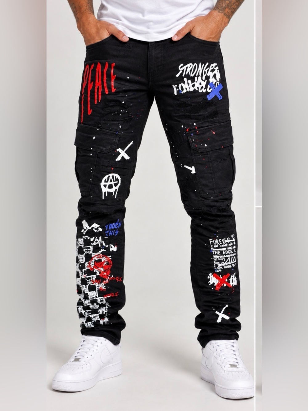 Smoke Rise Men’s Black Graffiti Cargo Jeans 32x32 Graphic Streetwear Pants